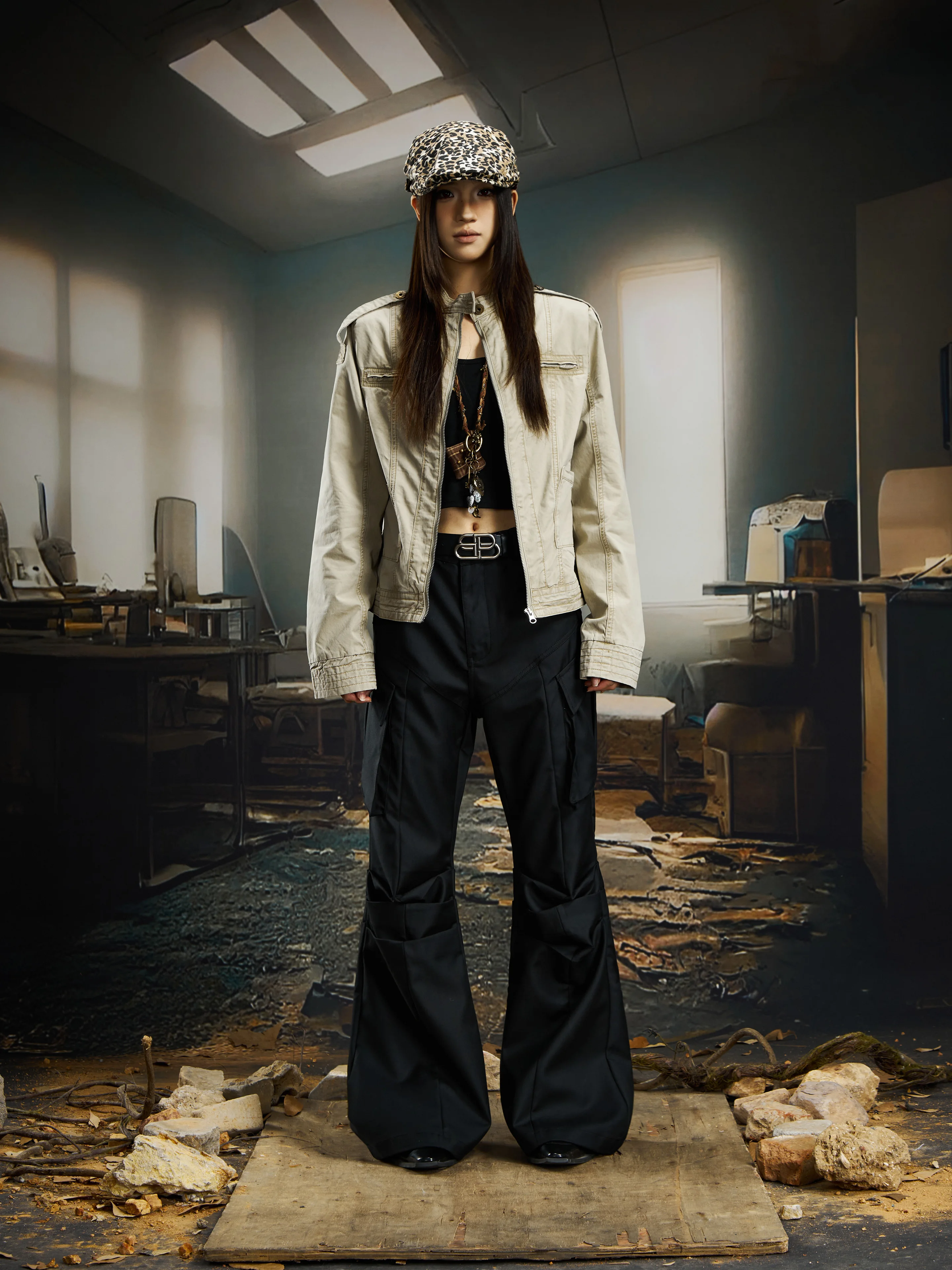 American Style Retro Washed Structure Short Stand Collar Zipper Coat Jacket Women's