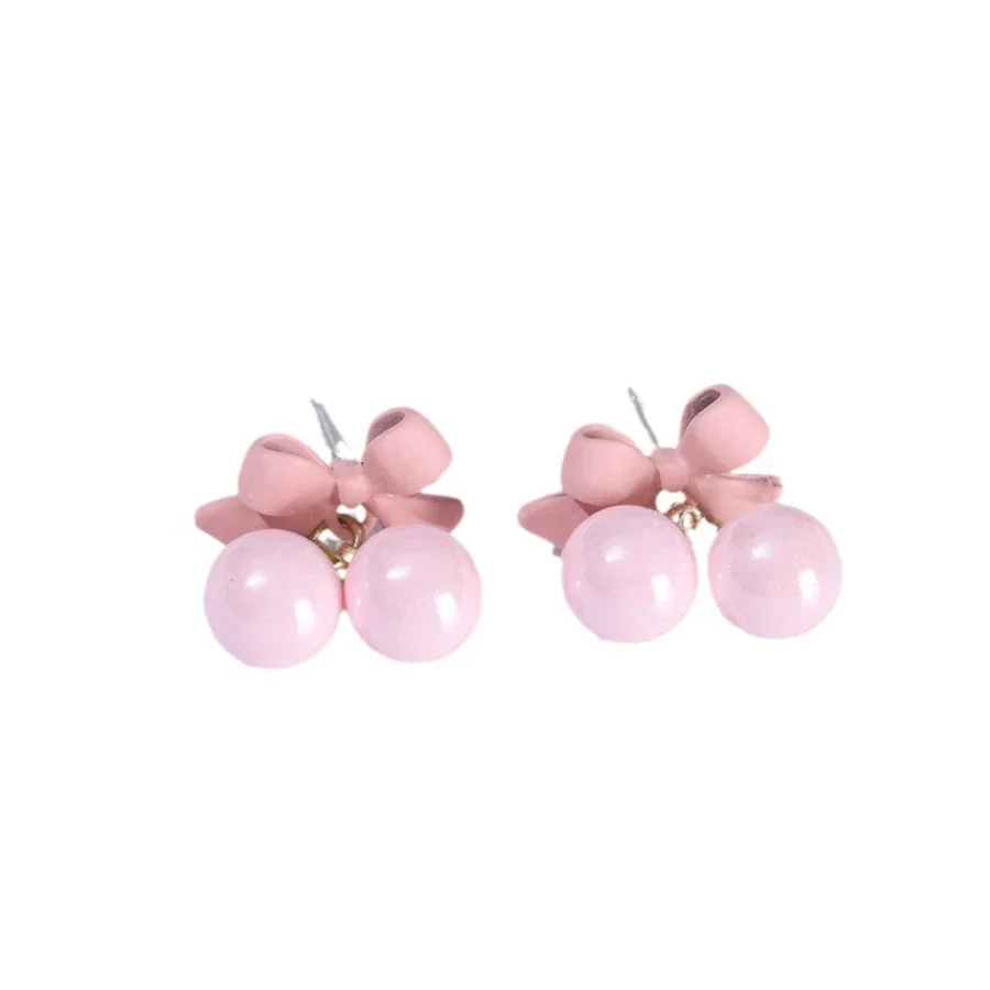 Obega Korean Black Bowknot Tiny Earrings Stud For Woman Sweet Lovely Pink Cherry Earrings Ins Daily Wear Exquisite Jewelry