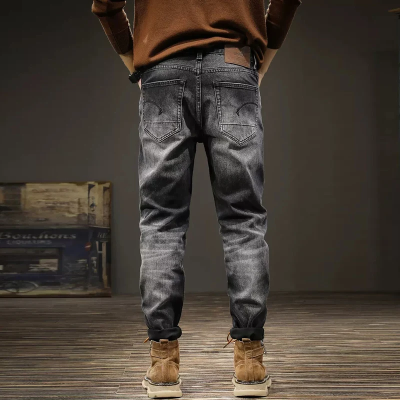 Fashion Vintage Men Jeans Black Gray High Quality Elastic Slim Fit Ripped Jeans Men Casual Trousers Retro Designer Pants Hombre