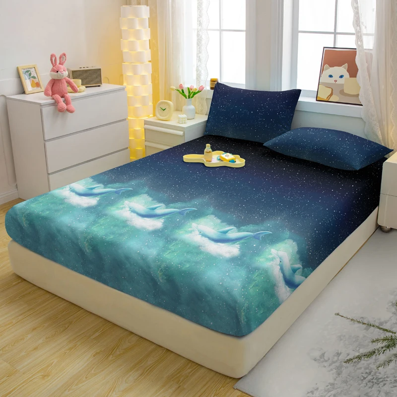 1 Simple Modern Starry Sky Printed Matte Fitted Sheet, Bedroom Printed Bed Cover, Bedding (Excluding Pillowcases)