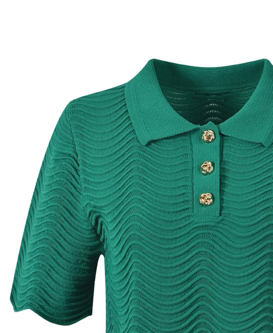 

Women's Stripes Knitted Set Short Sleeve Dimensional Wavy Hem Turn-Down Colla Sweater Top + Elegant Ladies A-Line Mini Skirt