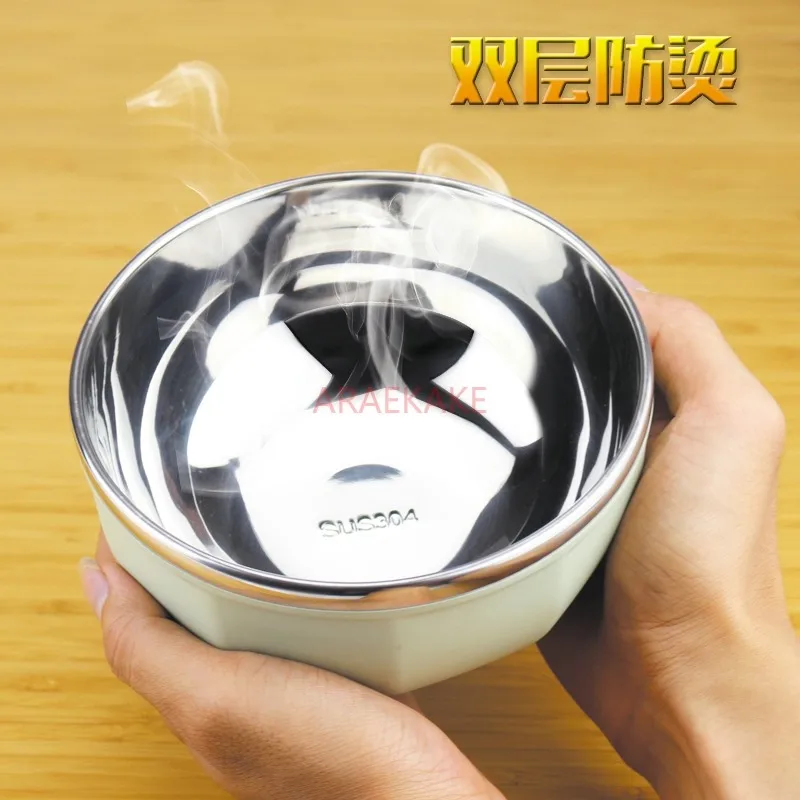 304ステンレス製の二重層断熱ボウル、落下防止ボウル、子供用サラダボウル