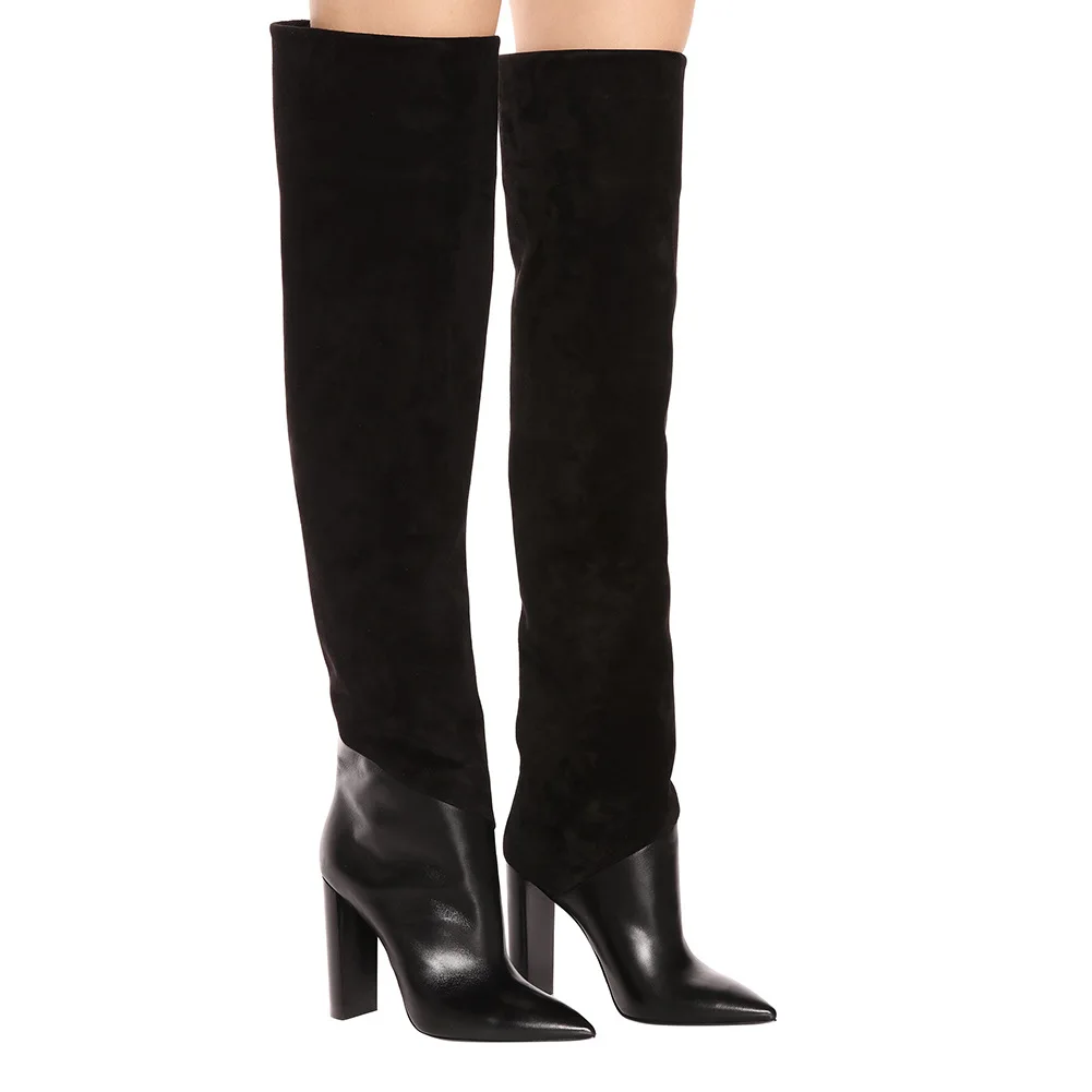 

Black Suede Patchwork Leather Pointed Toe Over The Knee Boots Square High Heels Long Thigh Boots Lady Sexy Mixed Color Shoes