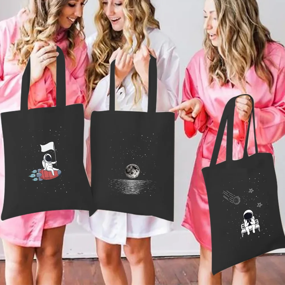 Kawaii torba na zakupy czarna torba z grubej bawełny damska torba na zakupy na co dzień torebki Harajuku płótno biały nadruk astronauty torba na rozmaitości — zdjęcie 2