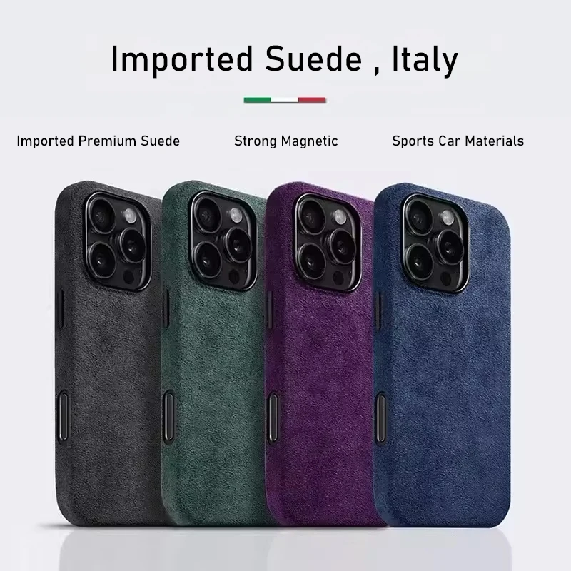 

Импортный замшевый кожаный прочный магнитный чехол для телефона премиум-класса для IPhone 12, 13, 14, 15, 16 Pro Max, металлическая рамка для объектива, устойчивый к падениям чехол