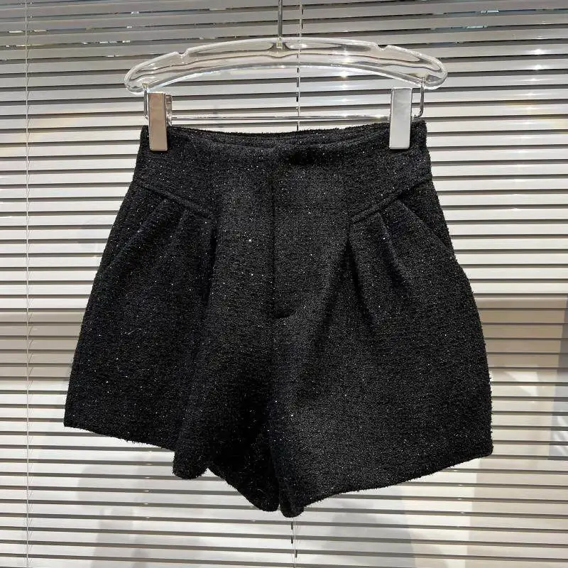 Fashion Spring Autumn Double Pocket Tweed Shorts Female High Waist Solid Color Zipper Casual Loose Shorts for Women