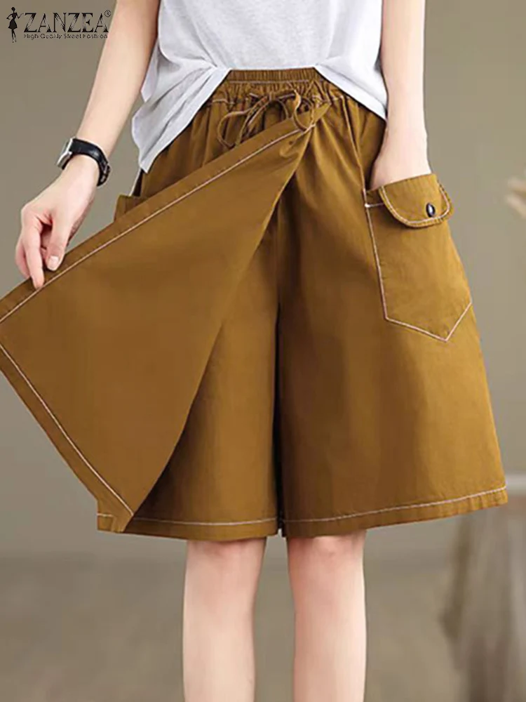 

ZANZEA Summer Pantalons Vintage Solid Shorts Skirts 2025 Women High Elastic Waist Fashion Pockets Casual Loose Shorts Skirts