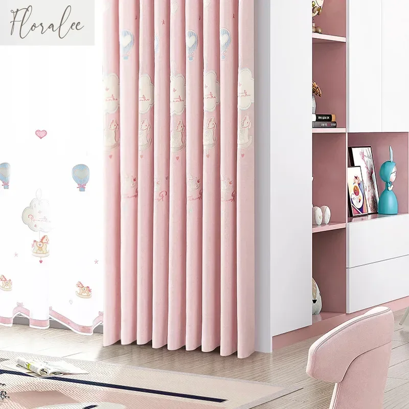 Children's Room Cartoon Pink Wooden Horse Princess Style Girl Cute Blackout Window Curtains for Living Dining Room Bedroom Home
