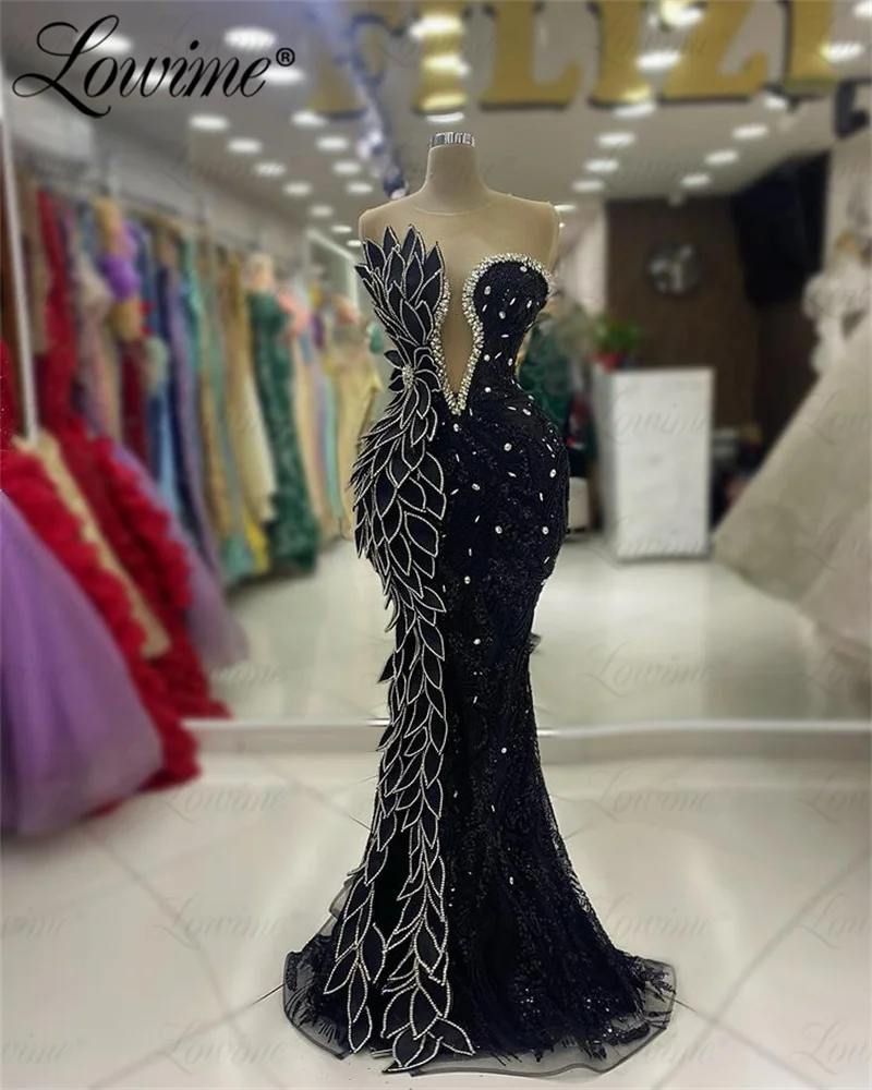 Black Celebrity Dresses 2024 Luxury 3D Leaf Crystal Beaded Arabic Evening Dress Custom Made Pageant Prom Party Gowns Robe Soiree