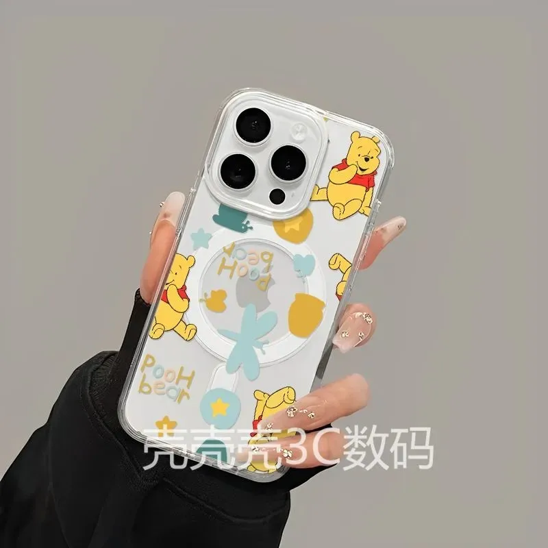 Niedliche Pooh-Bären-Magnet-Handyhülle für Samsung Galaxy S25 S24 S23 S22 S21 S20 FE Edge Plus Ultra 5G Soft Clear TPU Cover