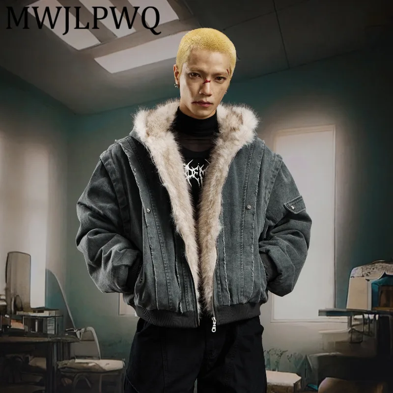 

MWJLPWQ мужское потертое деконструированное лоскутное пальто с подкладкой High Street, однотонное новое теплое хлопковое пальто, плотная верхняя одежда, зима 12614