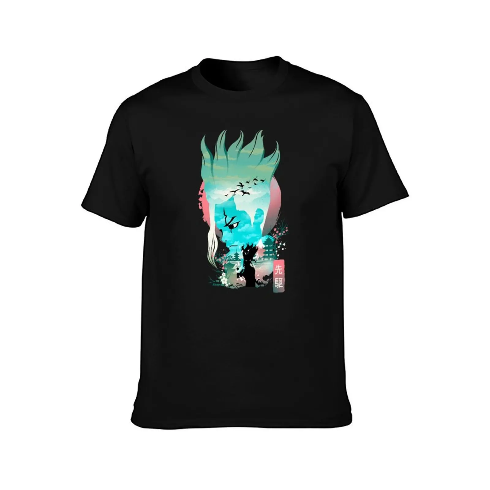 Senku Landscape T-Shirt, Summer Casual Cotton Tee, Oversized Streetwear Tops, Vintage Graphic Print, Loose Fit Short Sleeve