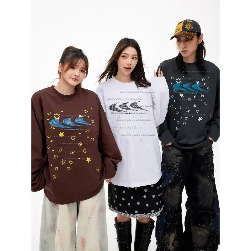 

Retro Crescent Moon Star 3D Printed American Casual Couple Style Long Sleeved T-shirt Versatile Loose Quick Drying Top Trendy