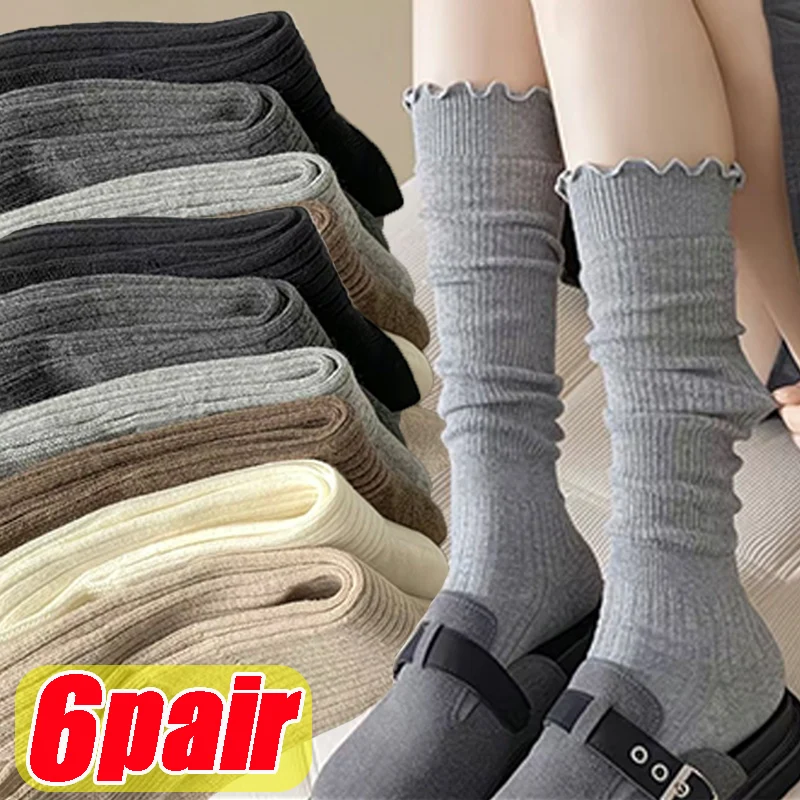 

Lolita Wood Ear Edge Long Stockings for Women Autumn Breathable Mesh Thin Solid Color Long Hollow Loose Stacked Knee-socks Socks