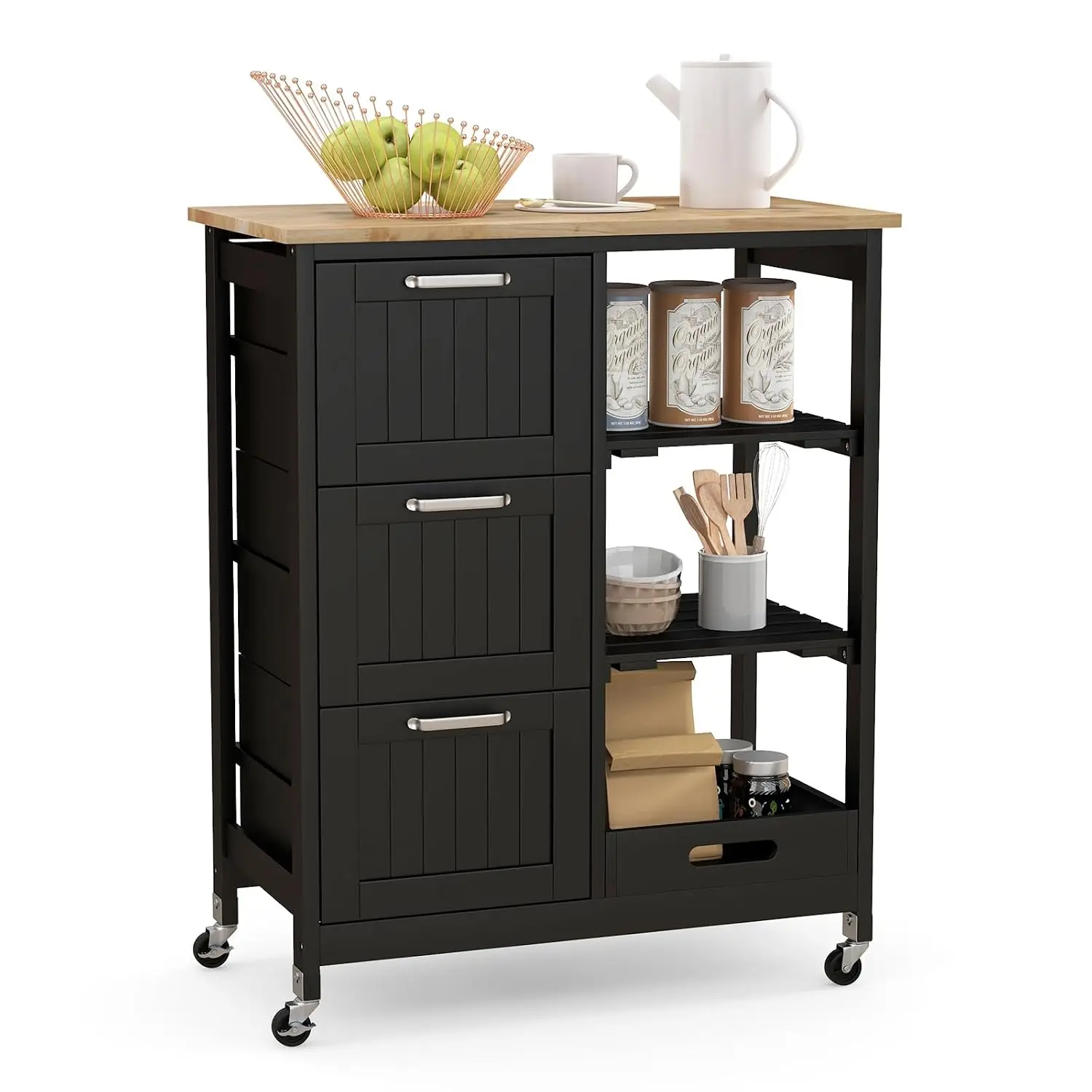 Kitchen Island Cart Rolling Storage Wood Top 3 Drawers Tray Lockable Casters Mobile Trolley Kitchen Dining, Customized