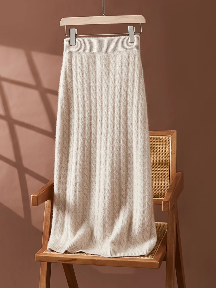 

Autumn Winter 100% Cashmere Skirt Women Soild Mid-calf High Waist Twist Flower Fit Slimming Knitted Dress Light Luxury Elegant