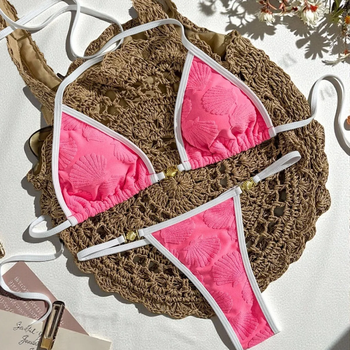 Fleur gaufrage maillots de bain unis licou String Triangle Micro Bikini String Sexy maillot de bain femmes maillot de bain deux pièces Bikini ensemble