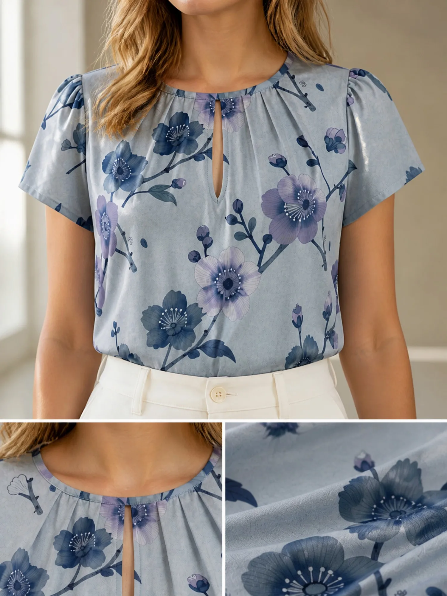 Women's Delicate Soft Floral Print Short Sleeve Keyhole Neck Blouse, Pleated Round Neck Loose Fit Casual Workwear Top for Spring