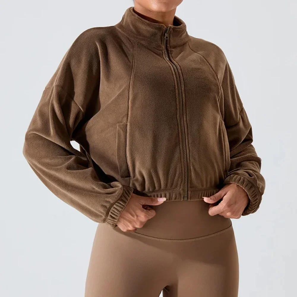 

Yoga Fitness Jacket Women's Loose Long Sleeve Plush Standing Collar Top Fitness Jacket Padded Warm Outdoor Windproof Fitness Jac