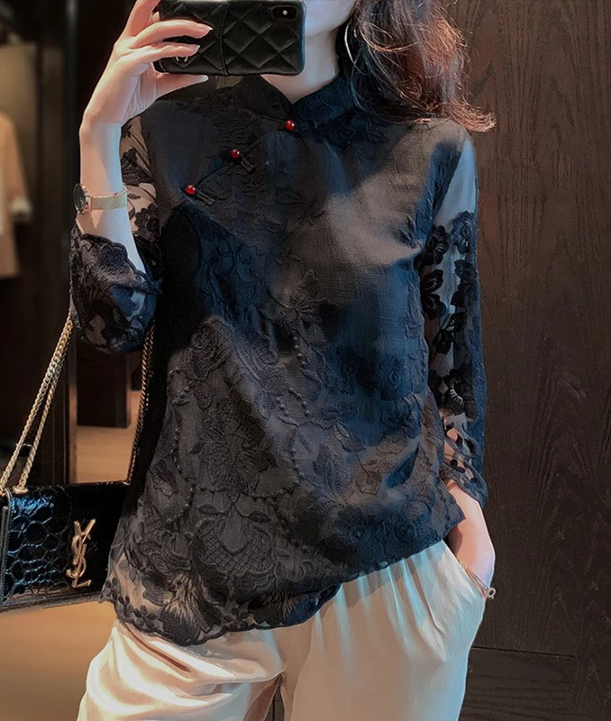 2024 chinese style lace qipao top vintage clothing women asian costume fancy traditional embroidery elegant shirt cheongsam tops