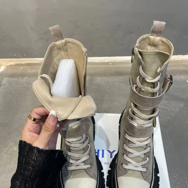 Trendy Punk Women Boots Mid-calf Ladies Boots Patchwork Woman Designer Shoes Buckle Strap Decoration Motorcycle Boot Botte Femme