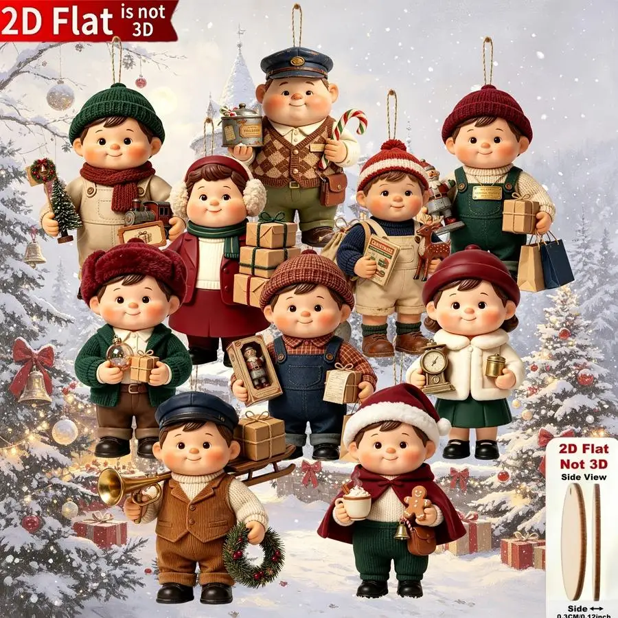 1/5/10/20/50/100pcs [2D Flat] Set of 10 Retro Christmas Market Dolls, Wooden Hanging Ornaments, Christmas Decoration Set, 2D Fla