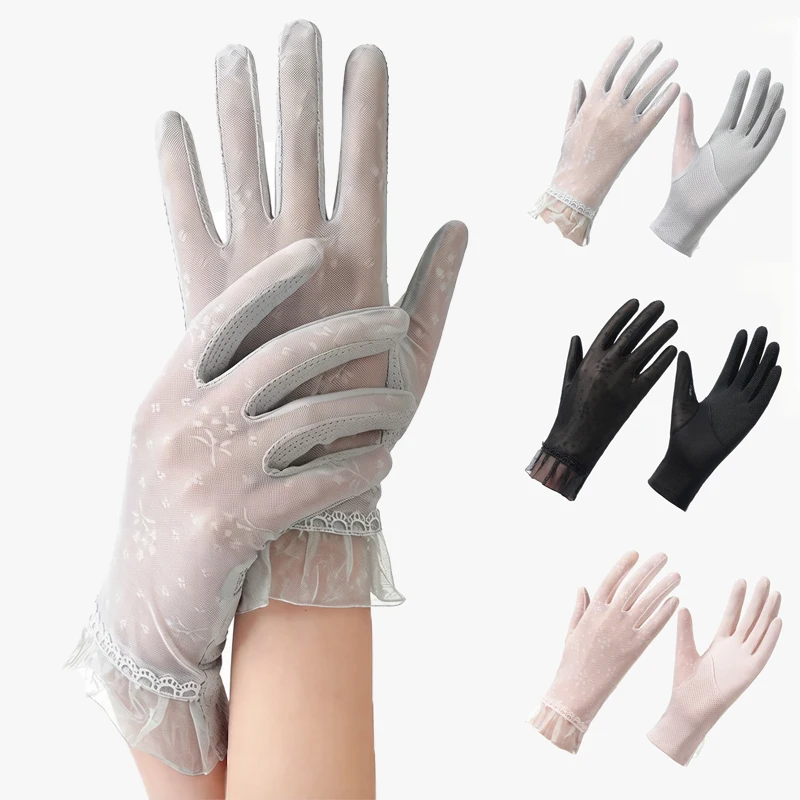 

Summer Ice Silk Lace UV Protection Sunscreen Gloves for Women Thin Breathable Touchscreen Driving Sun Gloves Cycling Riding