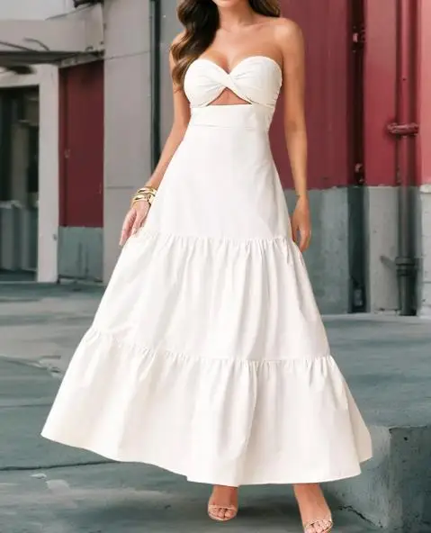 

Women's A-Line Skirt Summer Sexy Slim Fit Strapless Layered Skirt Fashionable Solid Color Sleeveless Hollow Out Strapless Dress