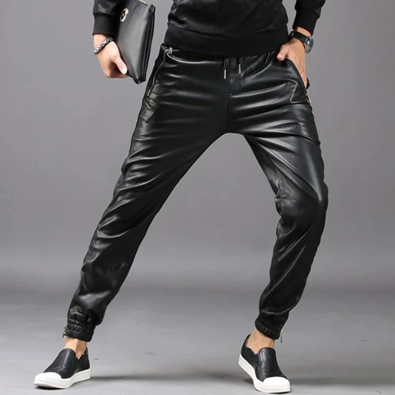 Pantalon élastique en similicuir pour homme, jogging, poches zippées, streetwear noir, pantalon crayon mince, vêtements de moto, ms54124, mode