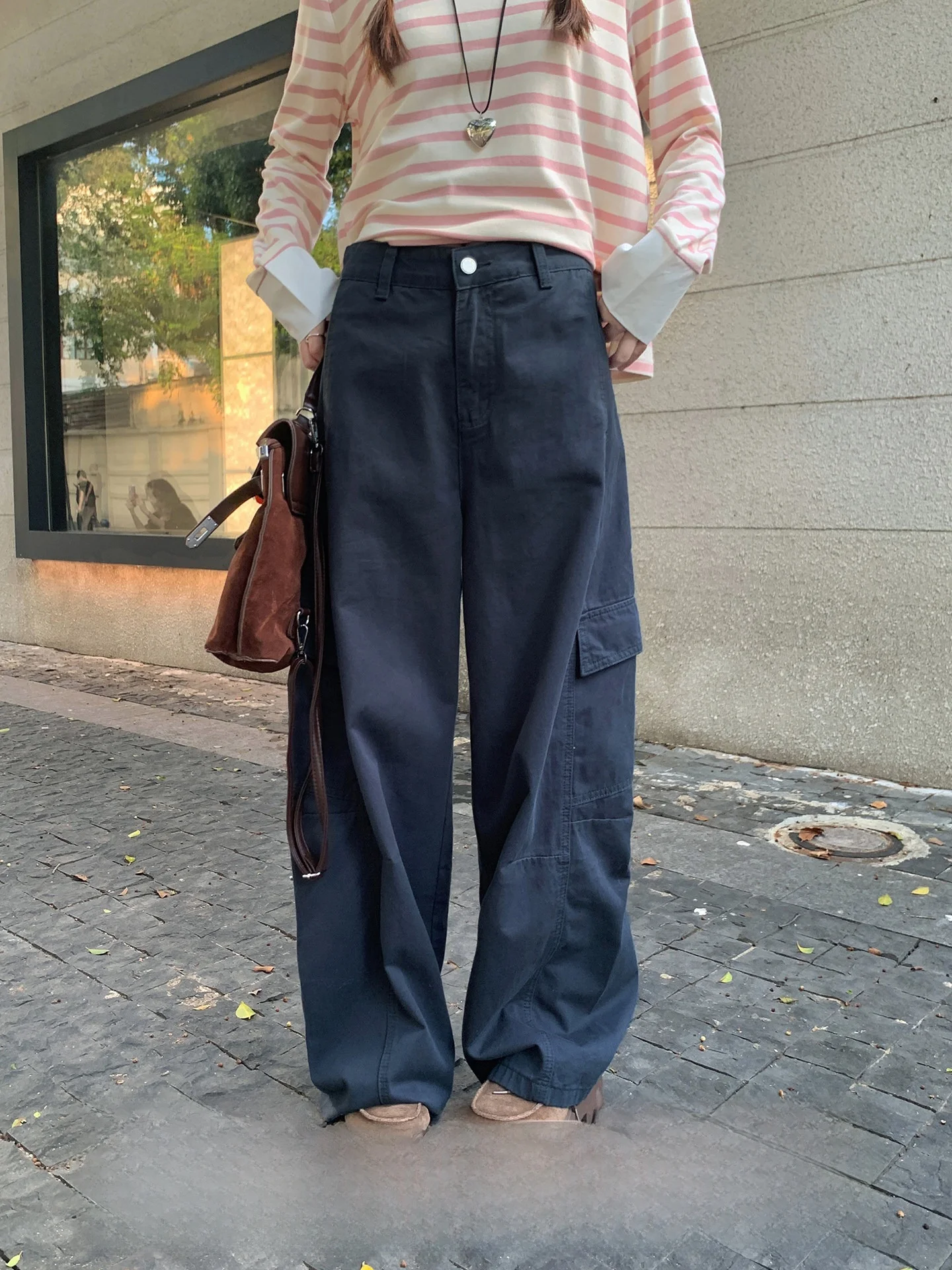 

Женские свободные широкие брюки цвета хаки, универсальный дизайн, корейские хлопковые рабочие брюки, осенний сезон