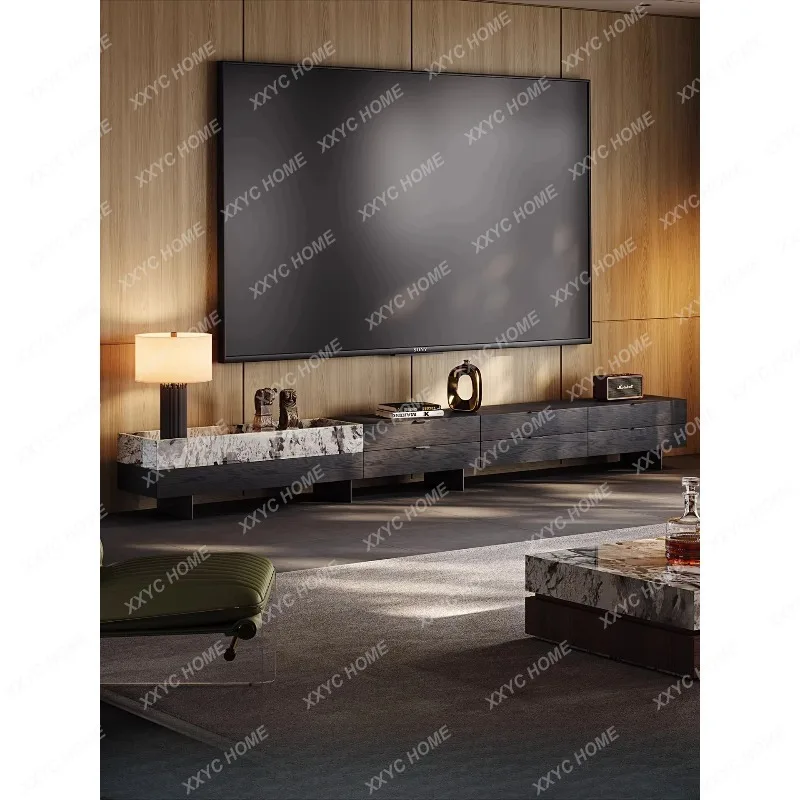 XXQianyue Light Luxury High-end TV Cabinet Snow Mountain Flying Fox Luxury Stone High-end Villa Large Flat Black Tall TV Cabinet