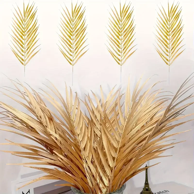 5pcs Golden Artificial Palm Leaves Fake Tropical Plants Faux Flowers For Indoor Outdoor Home DIY Vase Filler Wedding Party Decor