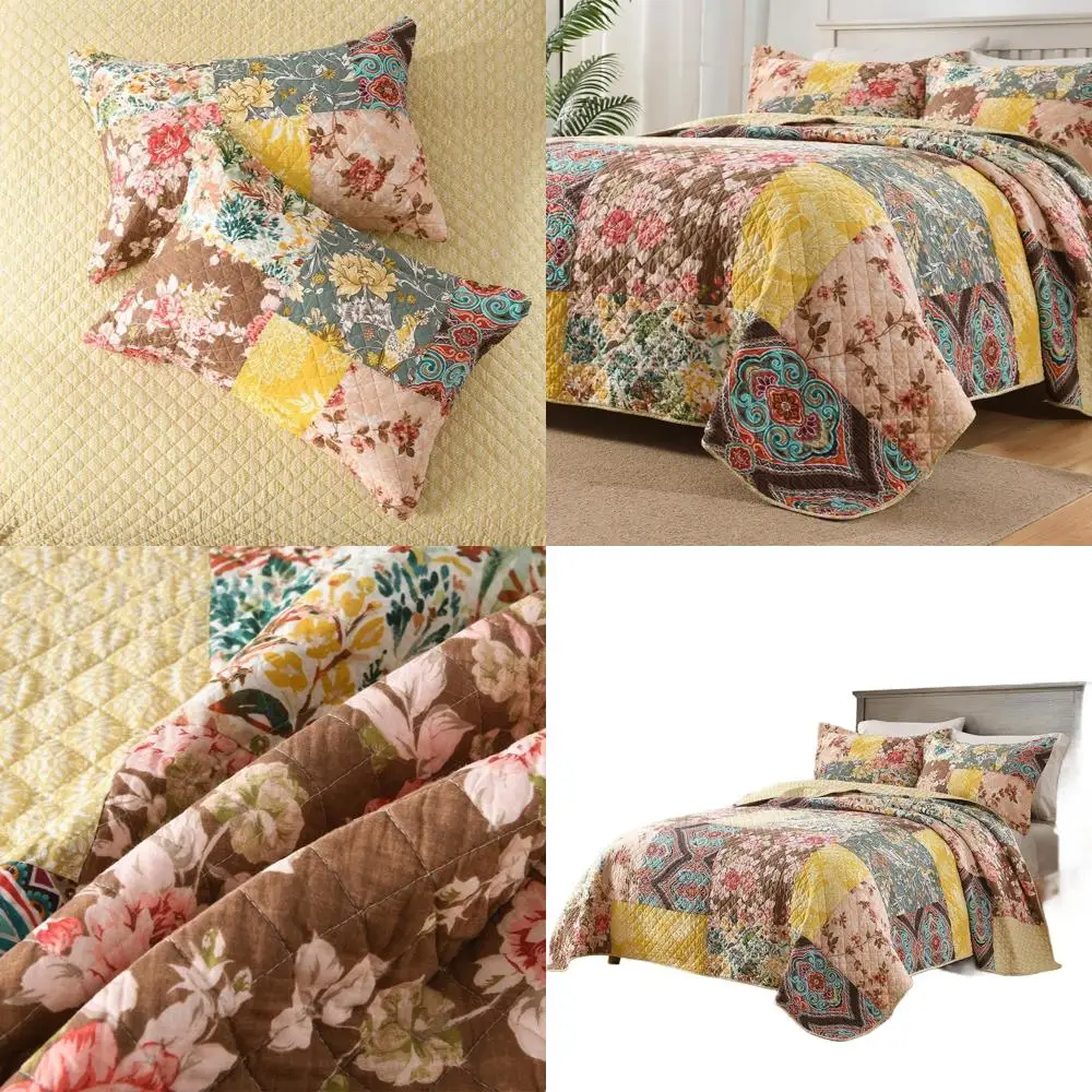 

Luxury Vintage Floral Patchwork Yellow Quilt Coverlet Set, Reversible Bedspread, King Size