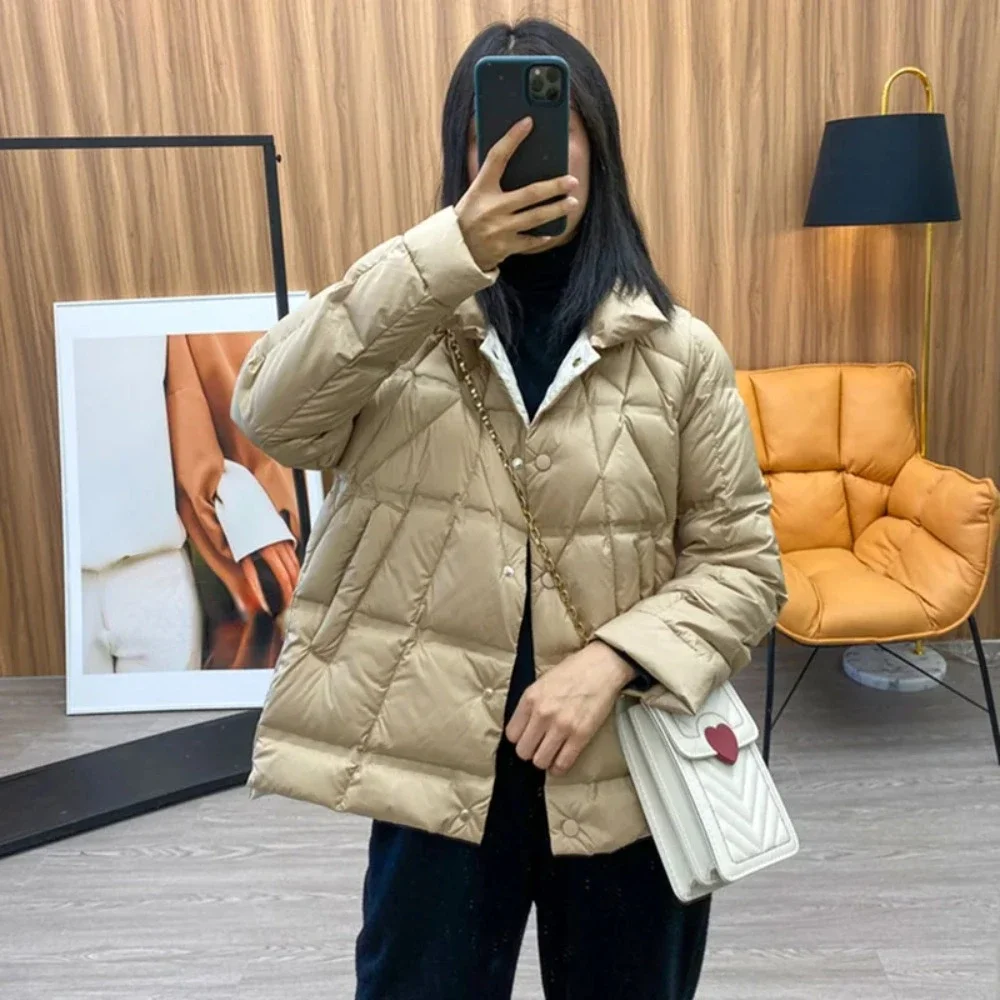 2024 Autumn Winter Lightweight Puffer Jacket Women Stand Collar Long Sleeve Single Breasted Duck Down Coat Female Short Parkas