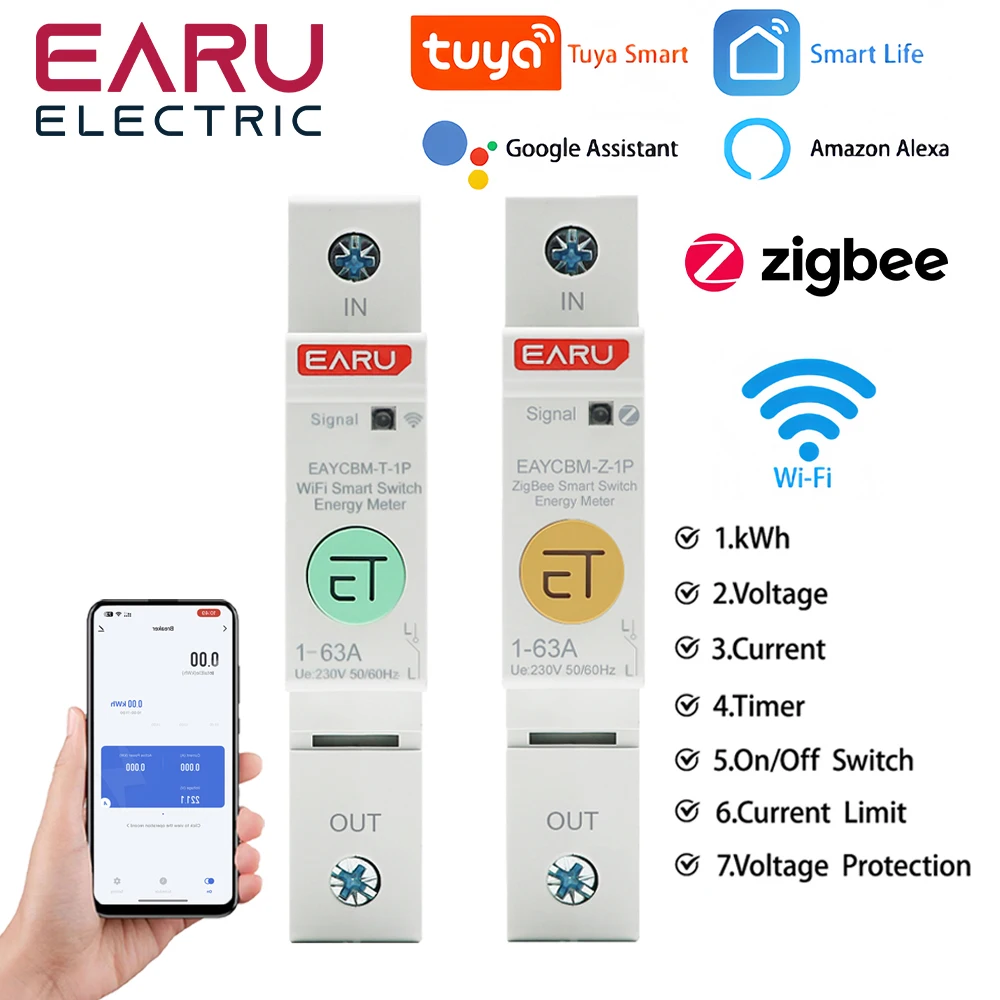 Tuya WiFi Zigbee Smart Circuit Breaker MCB 1P+N 63A Power Energy kWh Voltage Current Meter Protector Voice Remote Control Switch