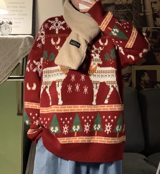 الأمريكية الرجعية متعة شجرة عيد الميلاد الأحمر جولة الرقبة الرجال سترة الخريف الشتاء فضفاضة عارضة زوجين الأزرق الأخضر محبوك سترة #4