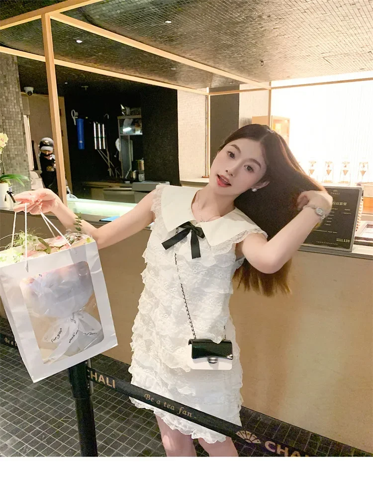 French Palace Celebrity Lace Doll Collar Mini Dress Bow Princess Girl Birthday Party Dress Women Sleeveless A Line Short Skirt