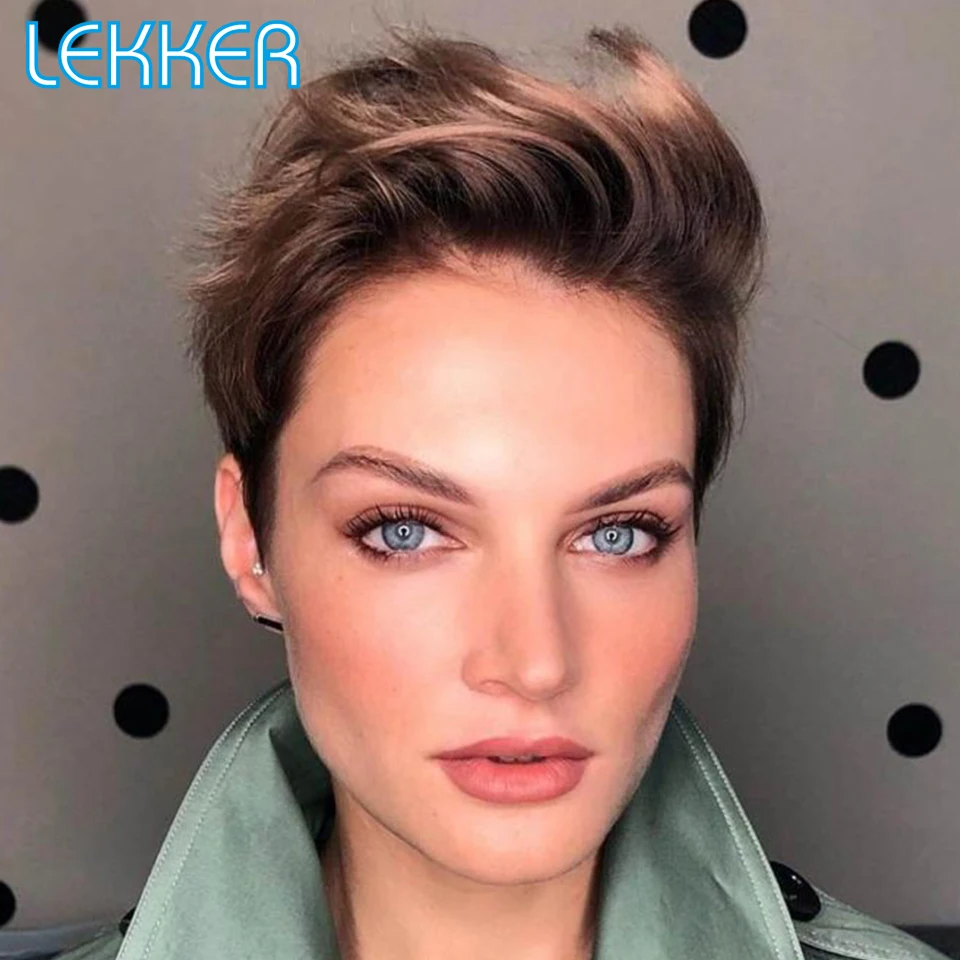 Lekker Highlight Brown Short Pixie Cut Slicked Back Bob 13x1 Lace Front Human Hair Wig For Women Brazilian Remy Hair Colored Wig