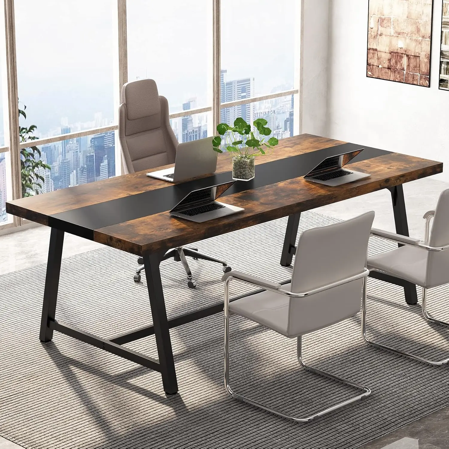 70.87 Inches Long Meeting Table for Conference Room, Vintage Wood Office Executive Desk with Strong Metal Frame for 6 People