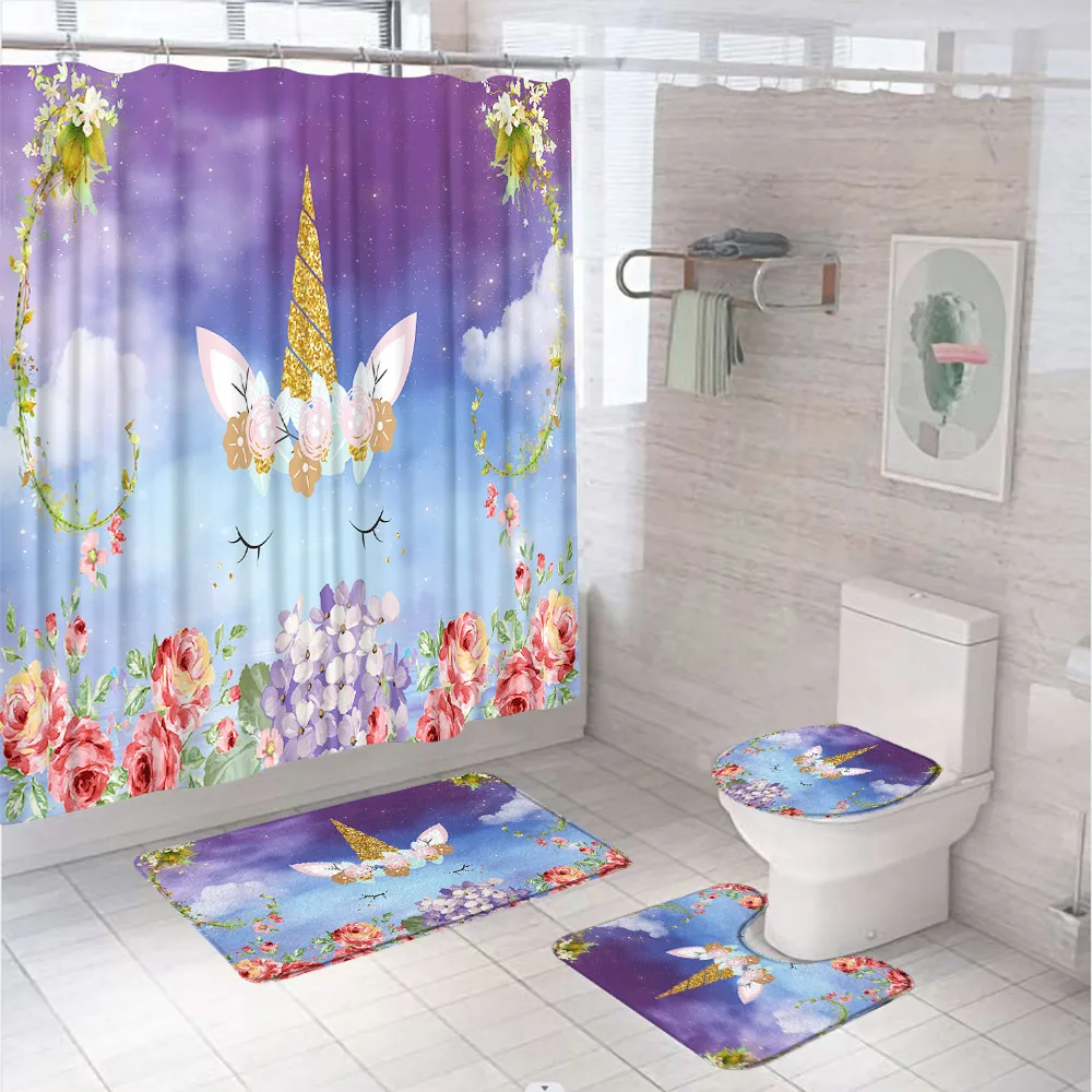 

Cartoon Unicorn Shower Curtain Bath Mat Sets Watercolor Flower Animal Bathroom Screen Toilet Cover Anti-slip Carpet Flannel Rug