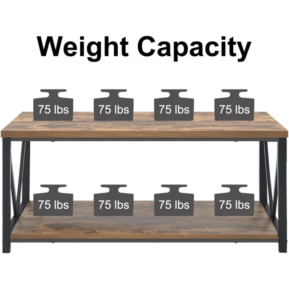 Rustic Brown Industrial Metal and Wood Coffee Table with Storage Shelf for Living Room