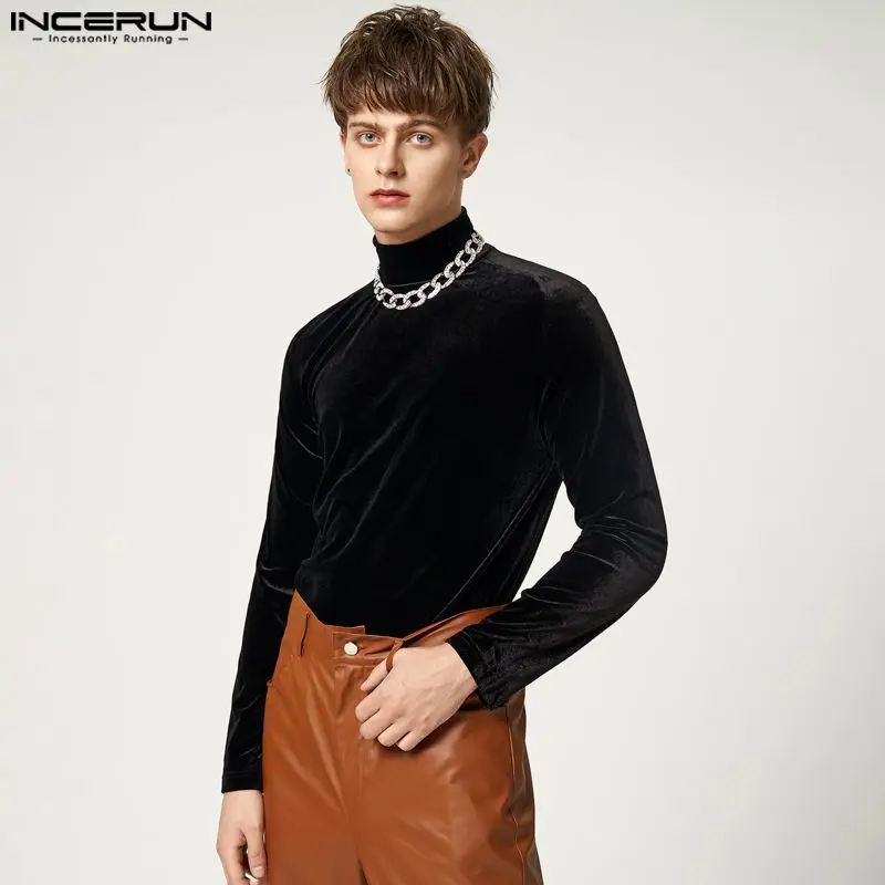 INCERUN Tops 2024 Solid Comfortable New Men Camiseta Long Sleeve Tees Plueche Male High Collar Pullover Bottoming T-Shirts S-5XL