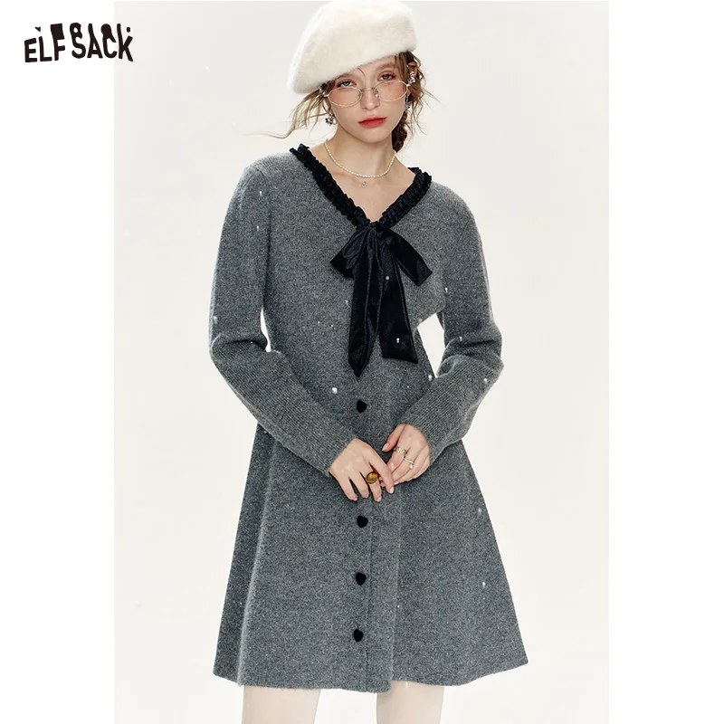 

ELFSACK 2025 Spring New Arrivals Versatile V-neck Bowknot Long-sleeved A-line Skirt Women Short Knitted Dress Women