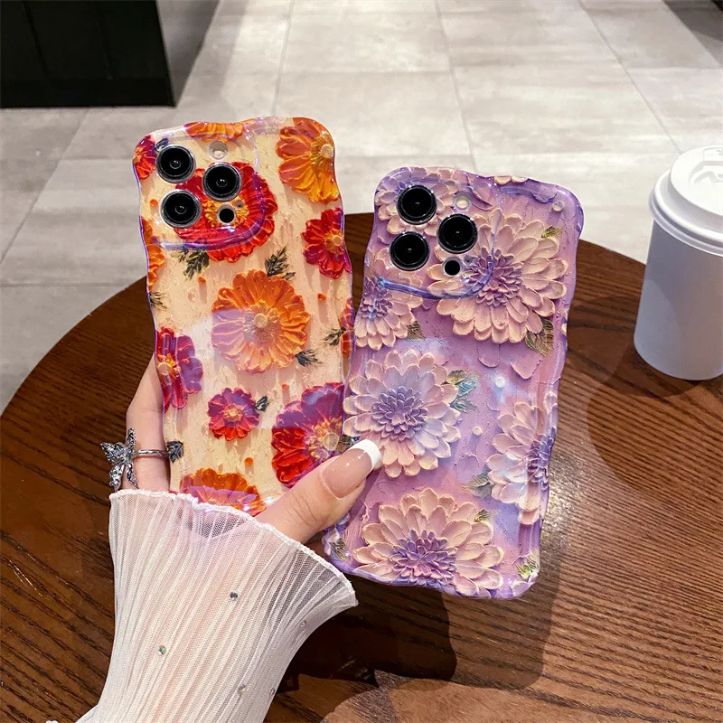 Niedliche blaue helle Ölgemälde-Blumen, gewellte, weiche Handyhülle für iPhone 16, 15, 14, 13, 12, 11, Pro Max Plus, stoßfeste Schutzhülle