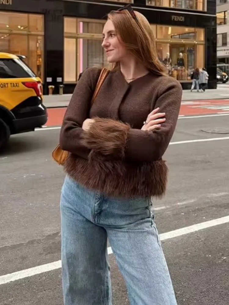 

Women 2025 Autumn Fashion Splicing Jnitting Knitted Cardigan Retro Long Sleeve Chic Single-Breasted Coat Outerwear