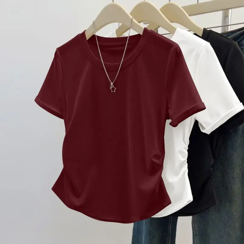 Camiseta Feminina de Verão com Design Moderno, Cintura Plissada e Ajustada, Elegante e Versátil, Efeito Emagrecedor, Cor Sólida, Manga Curta