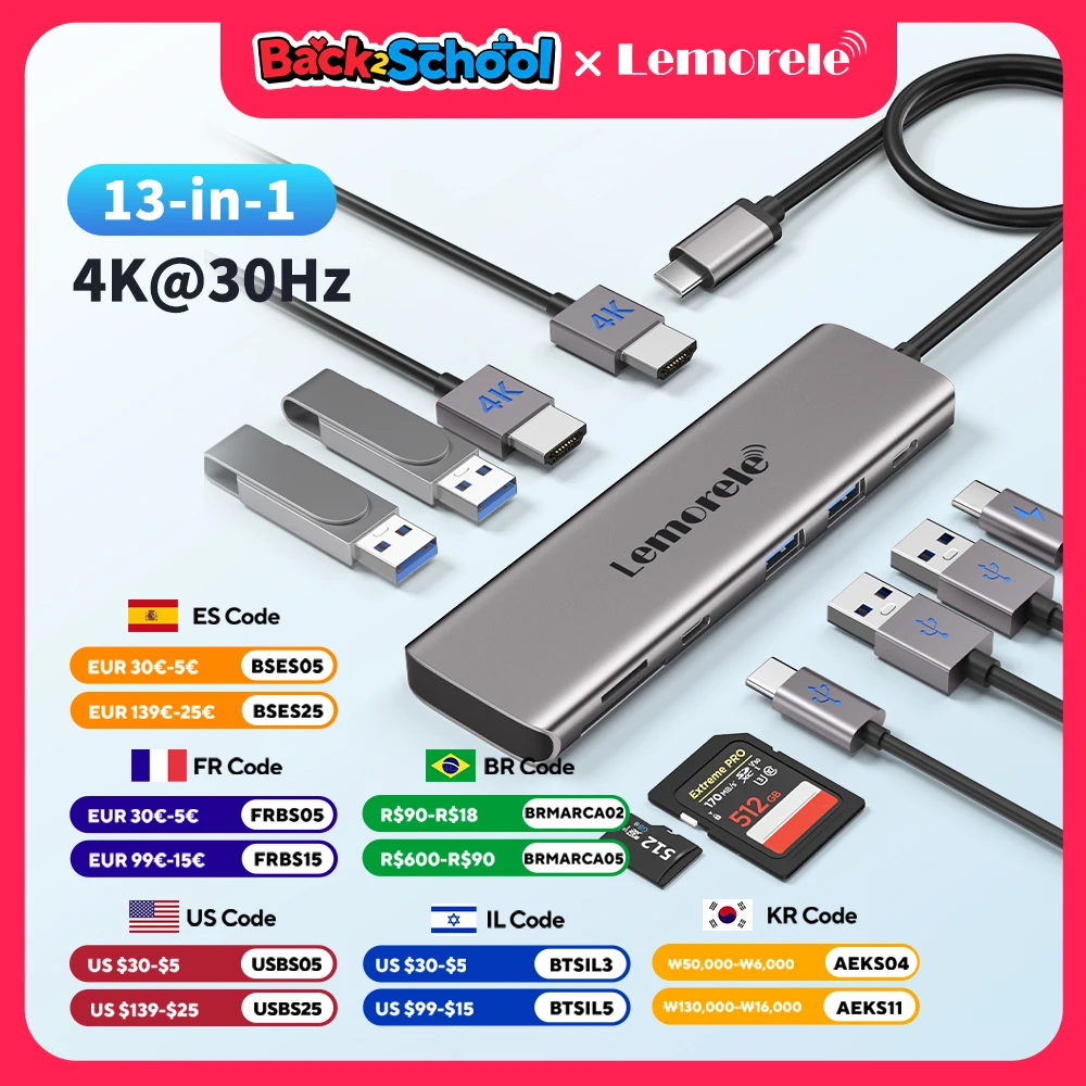

Lemorele 10 Ports USB C HUB Type C Adapter Hub USB Dock Station 4K HDMI 30Hz PD100W Fast Charging SD/TF Card Reader