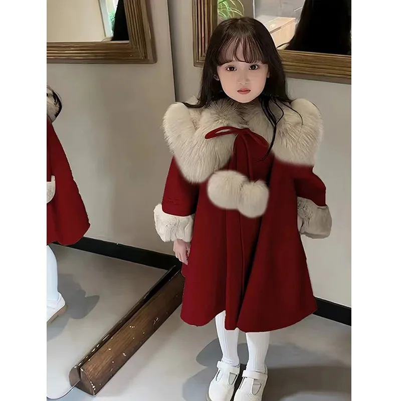 Girls' Coat Coat Winter Clothes New Foreign Style Little Girl Children's New Year Clothes Plush Red Woolen Coat