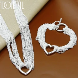 DOTEFFIL 925 Sterling Silver Multi-Chain Heart Necklace Bracelet Set For Woman Wedding Engagement Party Fashion Charm Jewelry