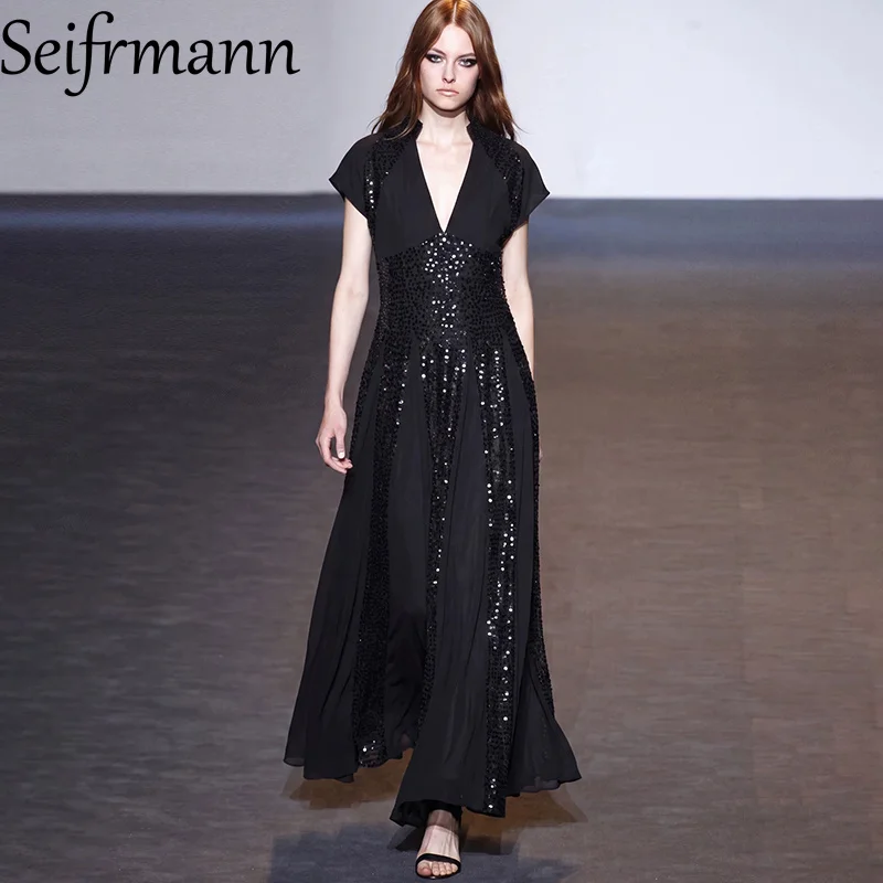 Seifrmann Spliced ​​sequin temperament dress V-neck short-sleeved waist long dress 2026 summer new women's clothing